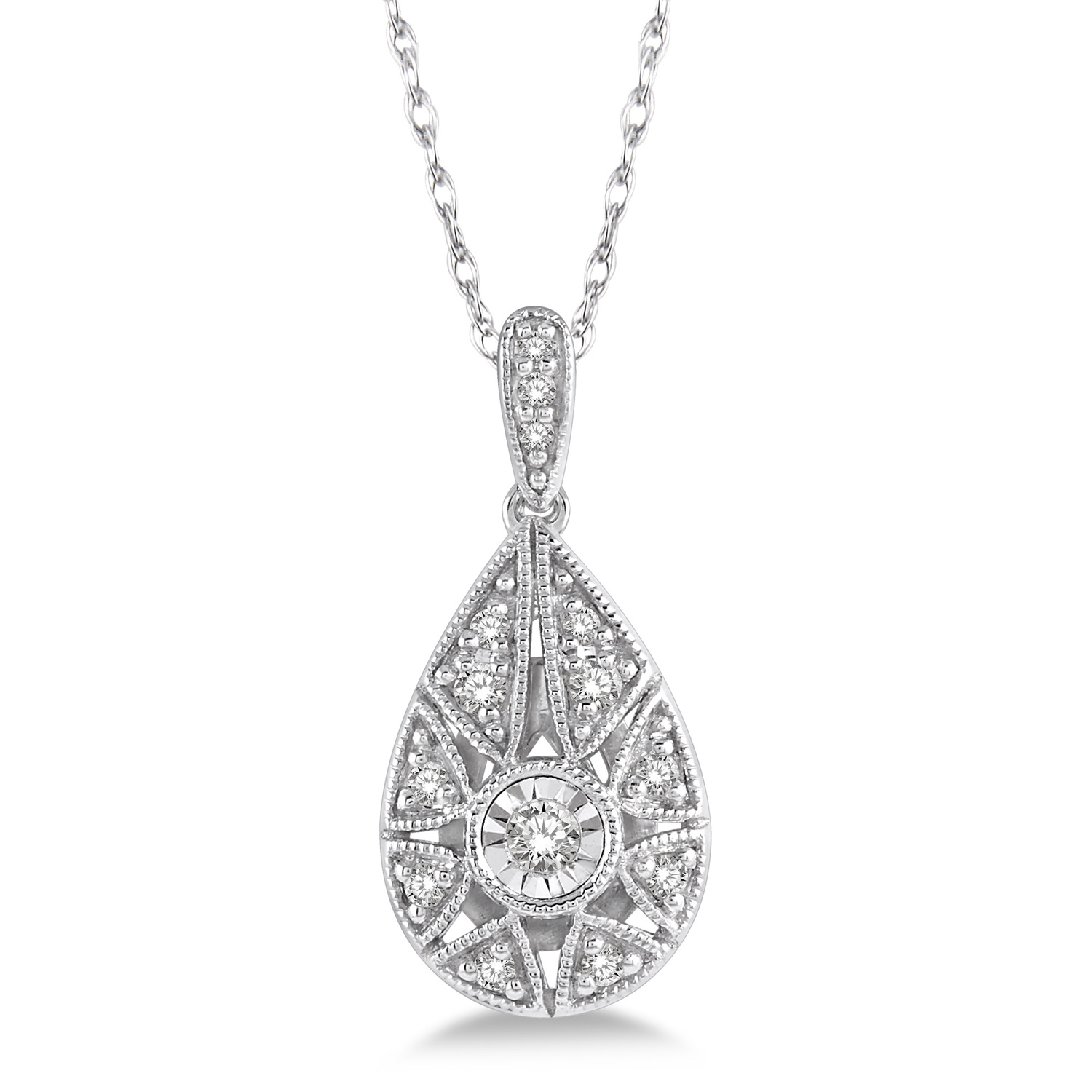 90338TSPDWG .12CT Cutwork Pear Diamond Pendant WG