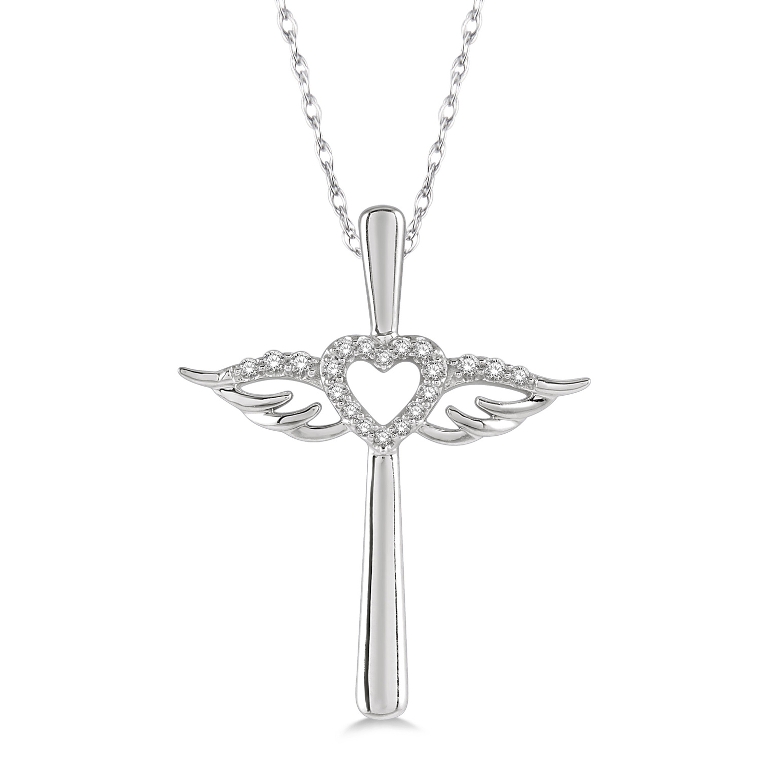 Diamond Angel Wings & Heart Cross .10CT silver