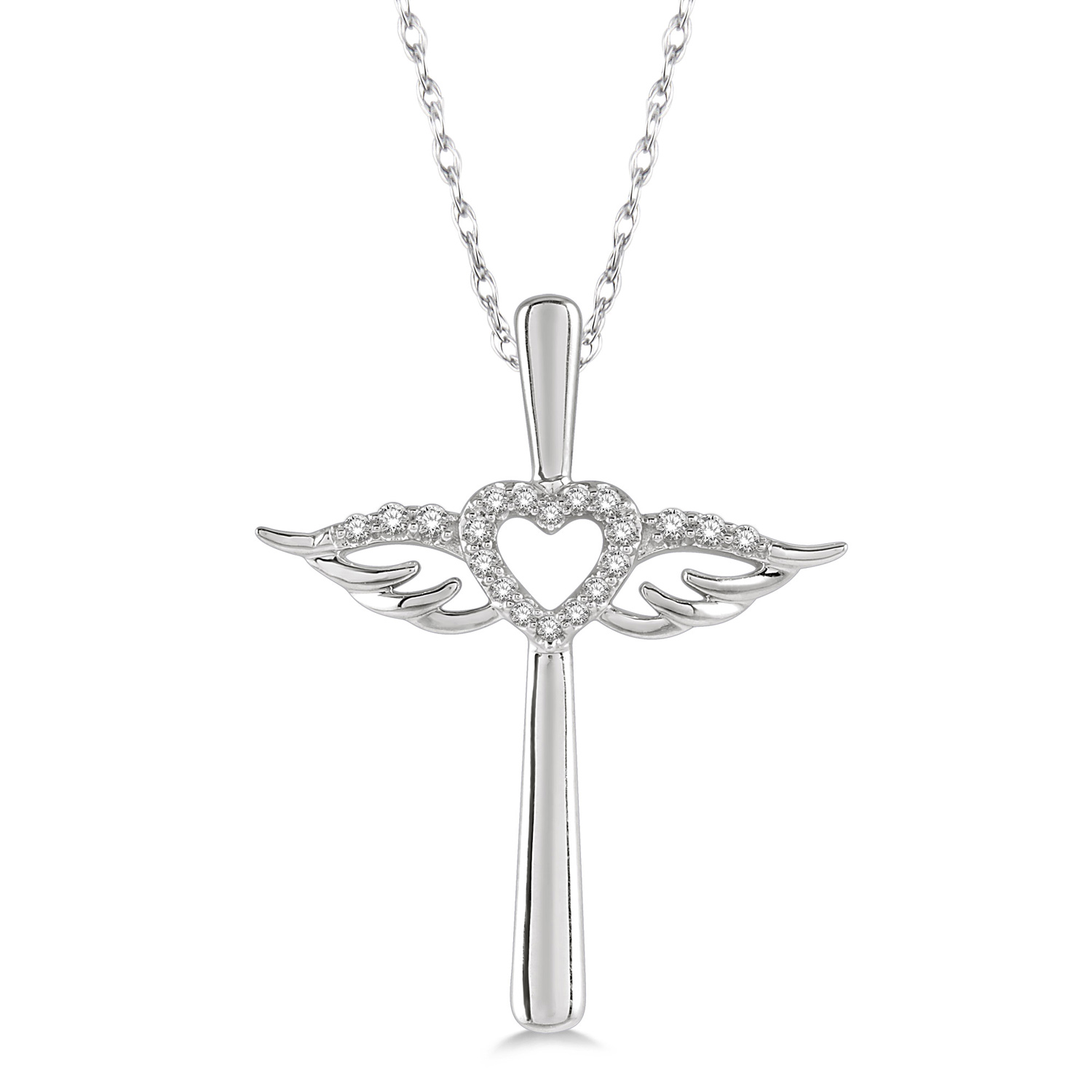 958A8TSPDWG Diamond Angel Wings & Heart Cross .10CT silver