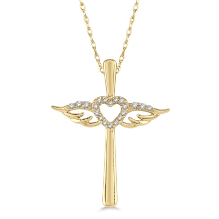 Diamond Angel Wings & Heart Cross Necklace .10CT